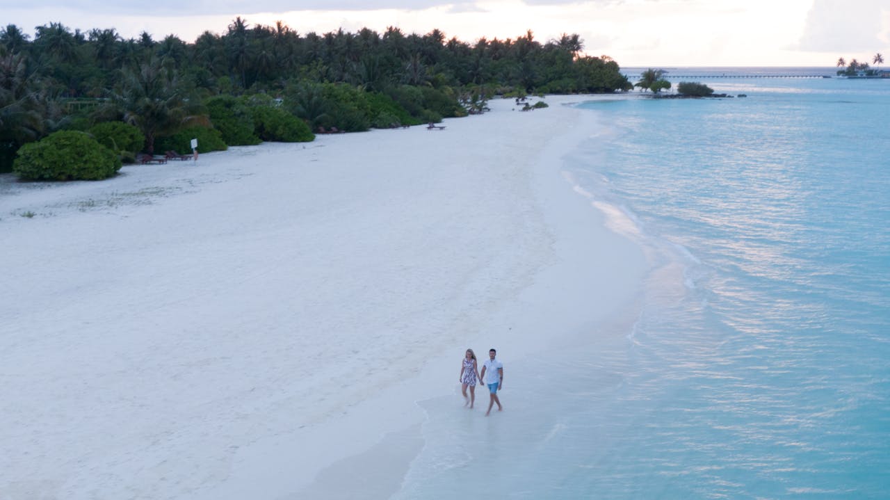 services-img Aerial view of a couple holding hands while walking on a serene tropical beach shoreline.